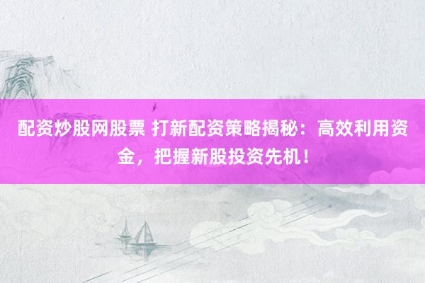 配资炒股网股票 打新配资策略揭秘：高效利用资金，把握新股投资先机！